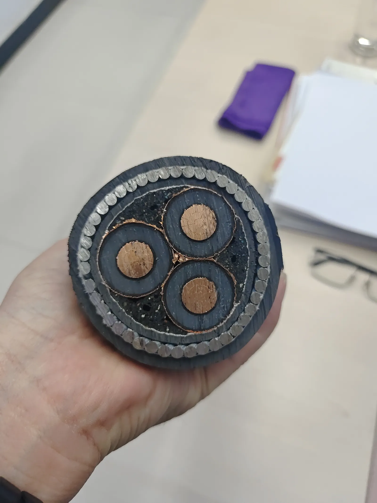 Armoured cable cross-section showing copper conductors, XLPE insulation, and steel wire armour
