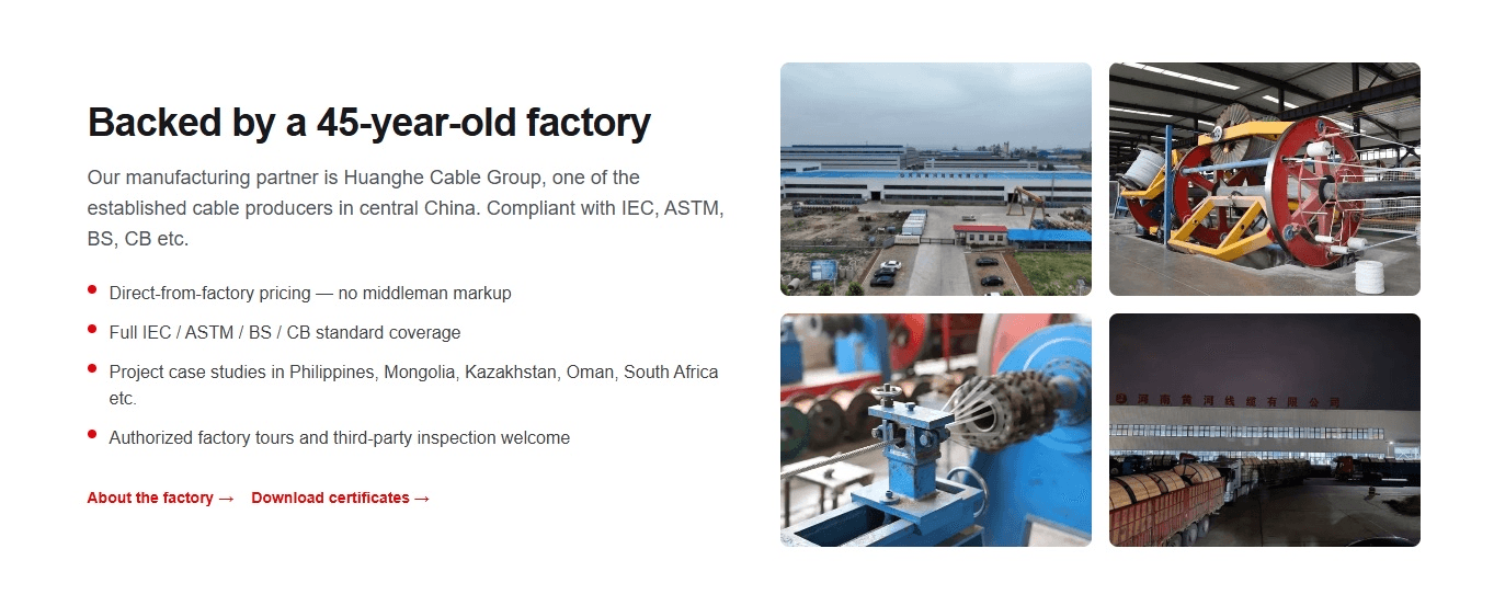Huanghe Cable Group factory facilities - production workshop exterior, stranding machines, cable drum yard, and wire drawing equipment