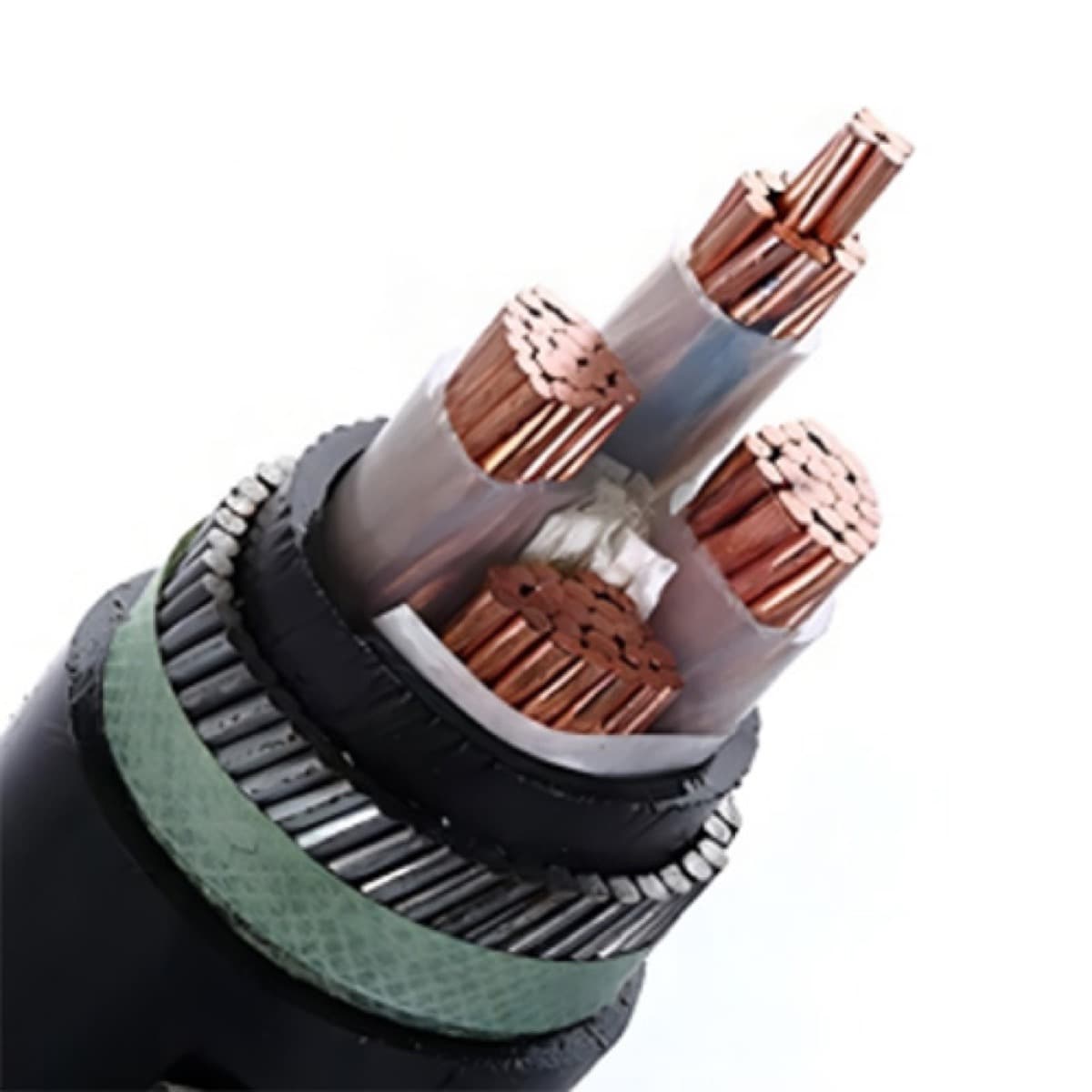 3 phase XLPE power cable showing 3 core and 3+1 core configurations with colour-coded insulation