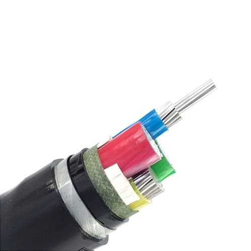 Cross-section of a 4-core XLPE insulated steel wire armored power cable showing conductor stranding, color-coded insulation, and armor layers